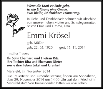 Traueranzeige von Emmi Krösel von Mitteldeutsche Zeitung Mansfelder Land