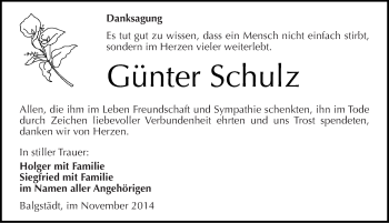 Traueranzeige von Günter Schulz von Mitteldeutsche Zeitung Naumburg/Nebra