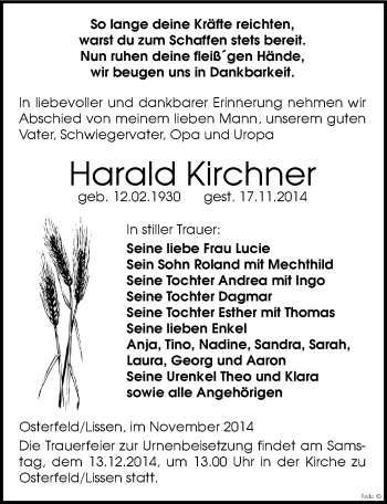 Traueranzeige von Harald Kirchner von Mitteldeutsche Zeitung Zeitz