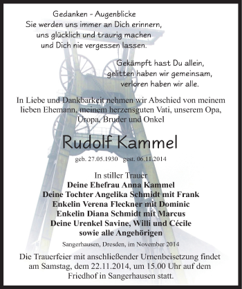 Traueranzeige von Rudolf Kammel von Mitteldeutsche Zeitung Sangerhausen