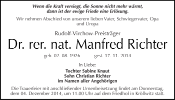 Traueranzeige von Manfred Richter von Mitteldeutsche Zeitung Halle/Saalkreis