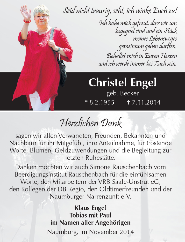  Traueranzeige für Christel Engel vom 22.11.2014 aus Mitteldeutsche Zeitung Naumburg/Nebra