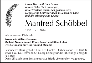 Traueranzeige von Manfred Schöbbel von Mitteldeutsche Zeitung Halle/Saalkreis