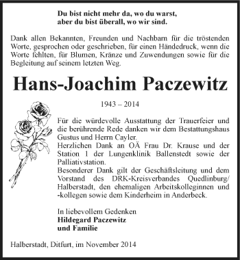 Traueranzeige von Hans-Joachim Paczewitz von Mitteldeutsche Zeitung Quedlinburg
