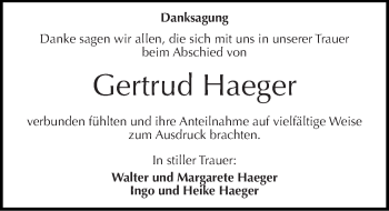 Traueranzeige von Gertrud Haeger von Mitteldeutsche Zeitung Bitterfeld