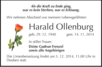 Traueranzeige von Harald Ollenburg von Mitteldeutsche Zeitung Weißenfels