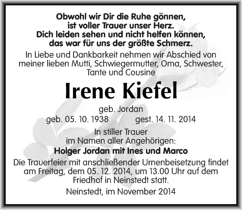  Traueranzeige für Irene Kiefel vom 22.11.2014 aus Mitteldeutsche Zeitung