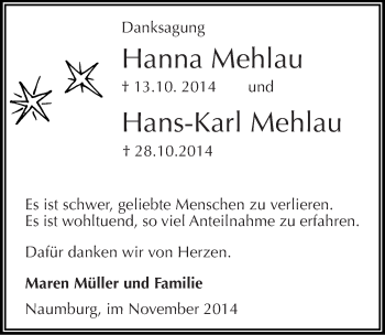 Traueranzeige von Hanna und Hans-Karl Mehlau von Mitteldeutsche Zeitung Naumburg/Nebra