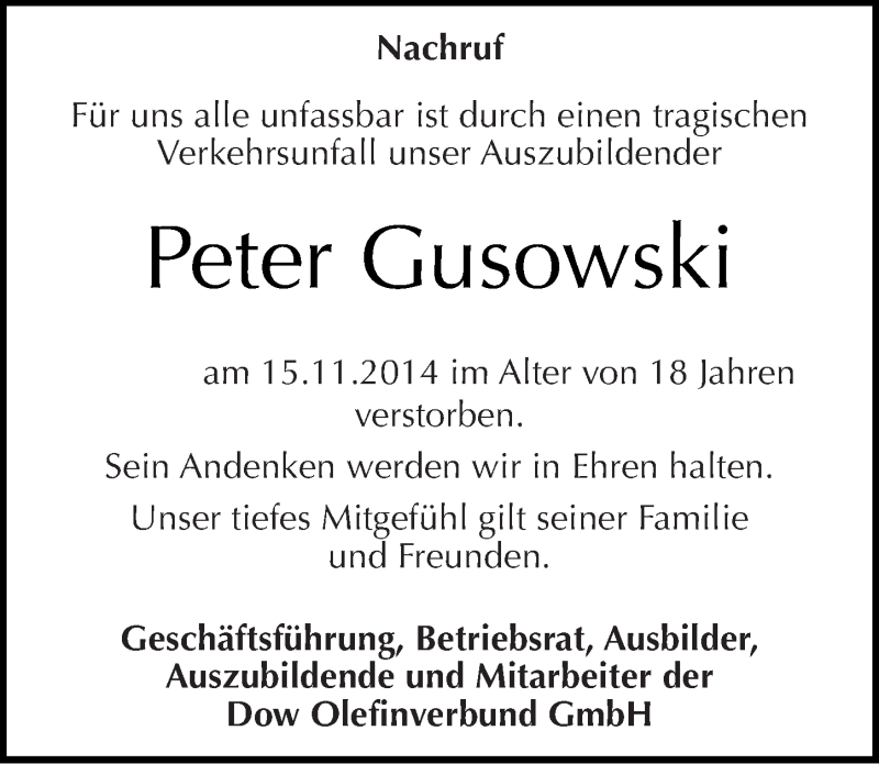  Traueranzeige für Peter Gusowski vom 22.11.2014 aus Mitteldeutsche Zeitung Merseburg/Querfurt