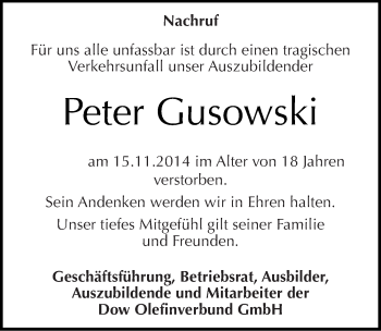 Traueranzeige von Peter Gusowski von Mitteldeutsche Zeitung Merseburg/Querfurt