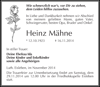 Traueranzeige von Heinz Mähne von Mitteldeutsche Zeitung Mansfelder Land