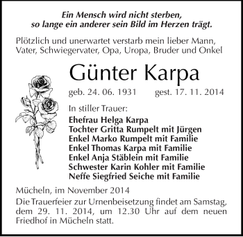 Traueranzeige von Günter Karpa von Mitteldeutsche Zeitung Merseburg/Querfurt