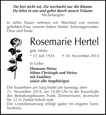 Traueranzeige von Rosemarie Hertel von Mitteldeutsche Zeitung