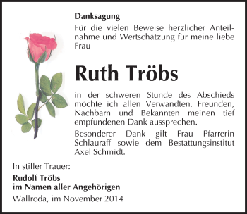Traueranzeige von Ruth Tröbs von Mitteldeutsche Zeitung Naumburg/Nebra