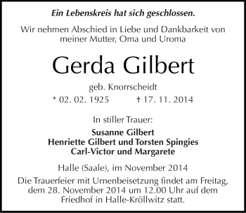 Traueranzeige von Gerda Gilbert von Mitteldeutsche Zeitung Halle/Saalkreis
