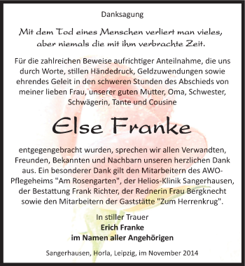 Traueranzeige von Else Franke von Mitteldeutsche Zeitung Sangerhausen
