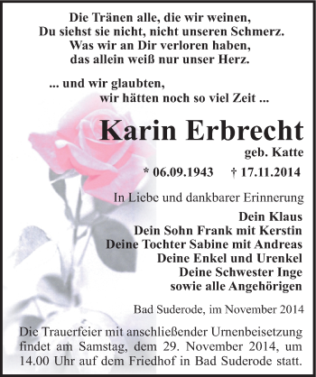 Traueranzeige von Karin Erbrecht von Mitteldeutsche Zeitung Quedlinburg