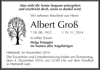 Traueranzeige von Albert Groß von Mitteldeutsche Zeitung Mansfelder Land