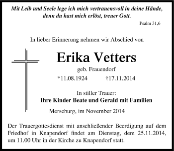 Traueranzeige von Erika Vetters von Mitteldeutsche Zeitung Merseburg/Querfurt