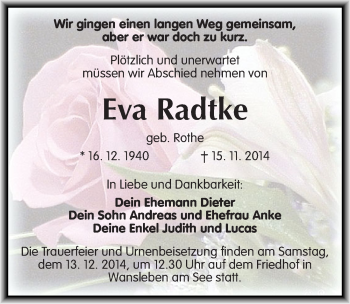 Traueranzeige von Eva Radtke von Mitteldeutsche Zeitung Quedlinburg
