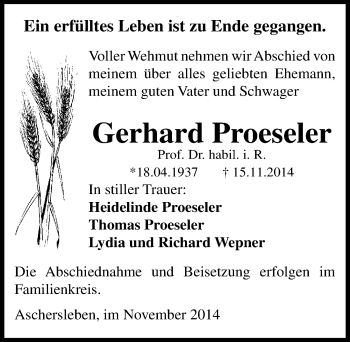 Traueranzeige von Gerhard Proeseler von Mitteldeutsche Zeitung Aschersleben