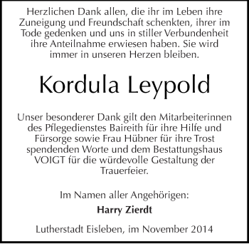 Traueranzeige von Kordula Leypold von Mitteldeutsche Zeitung Mansfelder Land