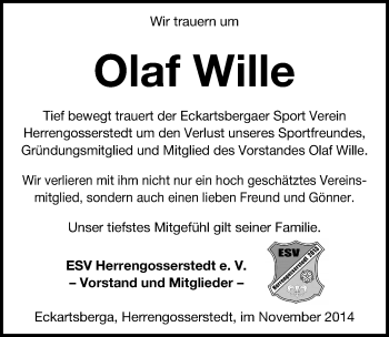 Traueranzeige von Olaf Wille von Mitteldeutsche Zeitung Naumburg/Nebra