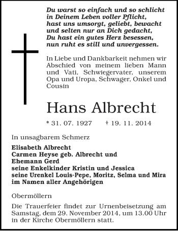 Traueranzeige von Hans Albrecht von Mitteldeutsche Zeitung Naumburg/Nebra