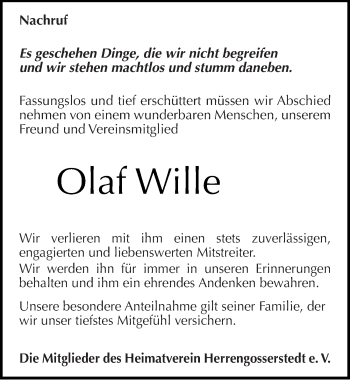Traueranzeige von Olaf Wille von Mitteldeutsche Zeitung Naumburg/Nebra