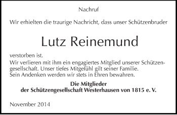 Traueranzeige von Lutz Reinemund von Mitteldeutsche Zeitung Quedlinburg
