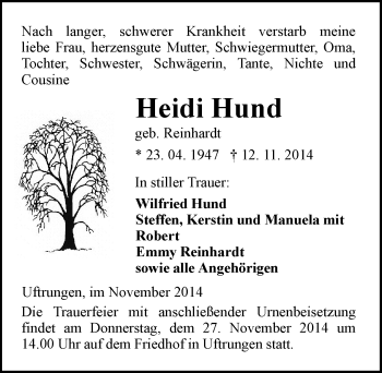 Traueranzeige von Heidi Hund von Mitteldeutsche Zeitung Sangerhausen
