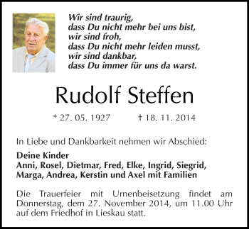 Traueranzeige von Rudolf Steffen von Mitteldeutsche Zeitung Halle/Saalkreis