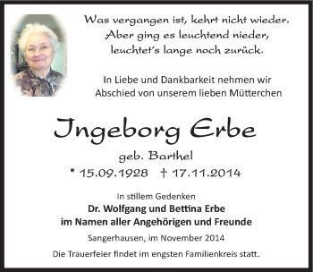 Traueranzeige von Jngeborg Erbe von Mitteldeutsche Zeitung Sangerhausen