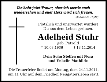 Traueranzeige von Adelheid Stuhr von Mitteldeutsche Zeitung Bernburg