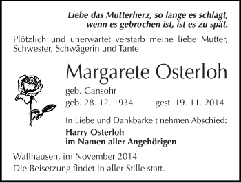 Traueranzeige von Margarete Osterloh von Mitteldeutsche Zeitung Sangerhausen
