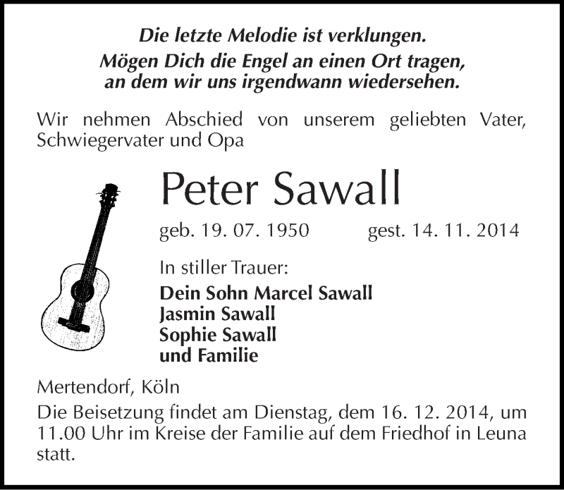  Traueranzeige für Peter Sawall vom 22.11.2014 aus Mitteldeutsche Zeitung Naumburg/Nebra