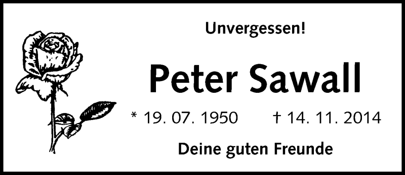  Traueranzeige für Peter Sawall vom 22.11.2014 aus Mitteldeutsche Zeitung Naumburg/Nebra