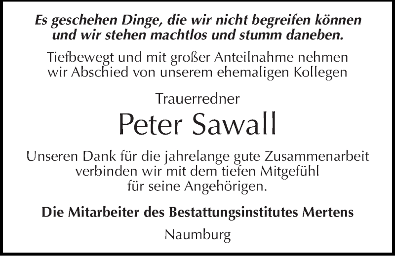  Traueranzeige für Peter Sawall vom 22.11.2014 aus Mitteldeutsche Zeitung Naumburg/Nebra