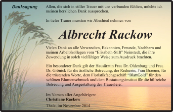 Traueranzeige von Albrecht Rackow von Mitteldeutsche Zeitung Quedlinburg