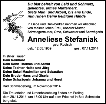 Traueranzeige von Anneliese Stefaniak von Mitteldeutsche Zeitung Wittenberg