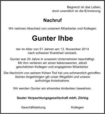 Traueranzeige von Gunter lhbe von Mitteldeutsche Zeitung Bitterfeld
