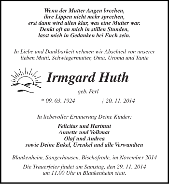 Traueranzeige von Irmgard Huth von Mitteldeutsche Zeitung