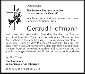 Traueranzeige von Gertrud Hoffmann von Mitteldeutsche Zeitung Mansfelder Land
