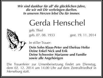 Traueranzeige von Gerda Henschel von Mitteldeutsche Zeitung