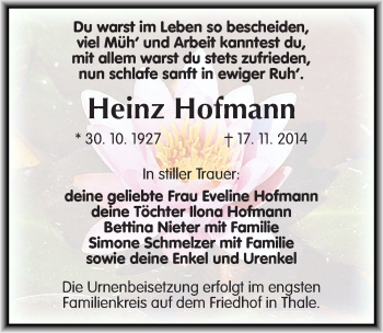 Traueranzeige von Heinz Hofmann von Mitteldeutsche Zeitung Quedlinburg