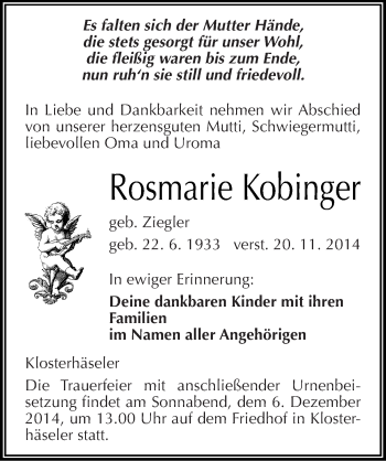 Traueranzeige von Rosmarie Kobinger von Mitteldeutsche Zeitung Naumburg/Nebra