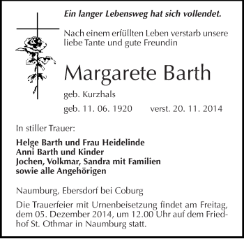 Traueranzeige von Margarete Barth von Mitteldeutsche Zeitung Naumburg/Nebra