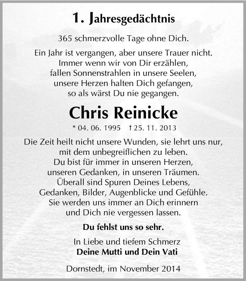  Traueranzeige für Chris Reinicke vom 25.11.2014 aus Mitteldeutsche Zeitung Halle/Saalkreis