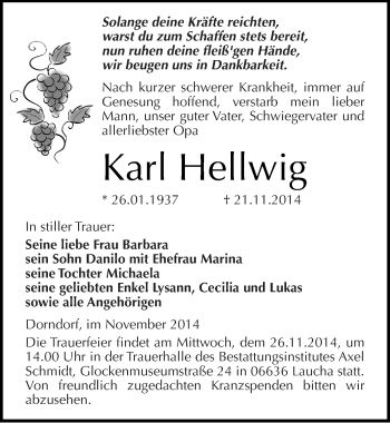 Traueranzeige von Karl Hellwig von Mitteldeutsche Zeitung Naumburg/Nebra