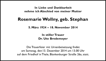Traueranzeige von Rosemarie Wollny von Mitteldeutsche Zeitung Quedlinburg